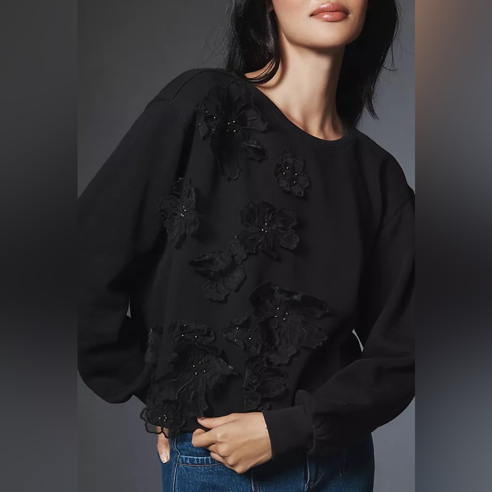 Anthropologie Black Floral Embellished Oversized Cotton Sweatshirt TopM-L?
